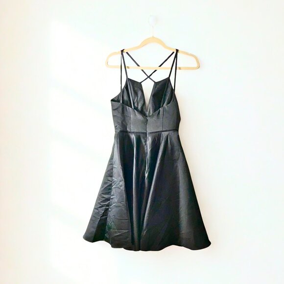 2 For $30 JJ's House Black Satin Spaghetti Criss Cross Flare plunging neckline - Picture 4 of 7